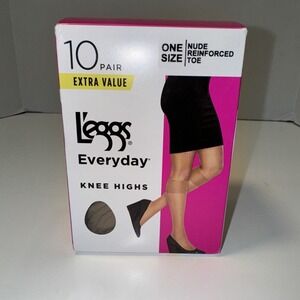 L'eggs Everyday Knee Highs One Size NUDE Reinforced Toe 10 pairs 43592